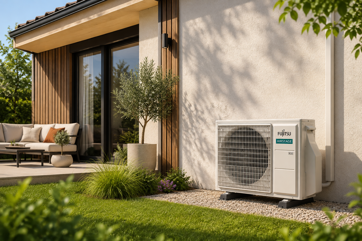 Pompe à chaleur air-air Fujitsu installée à l'extérieur d'une maison